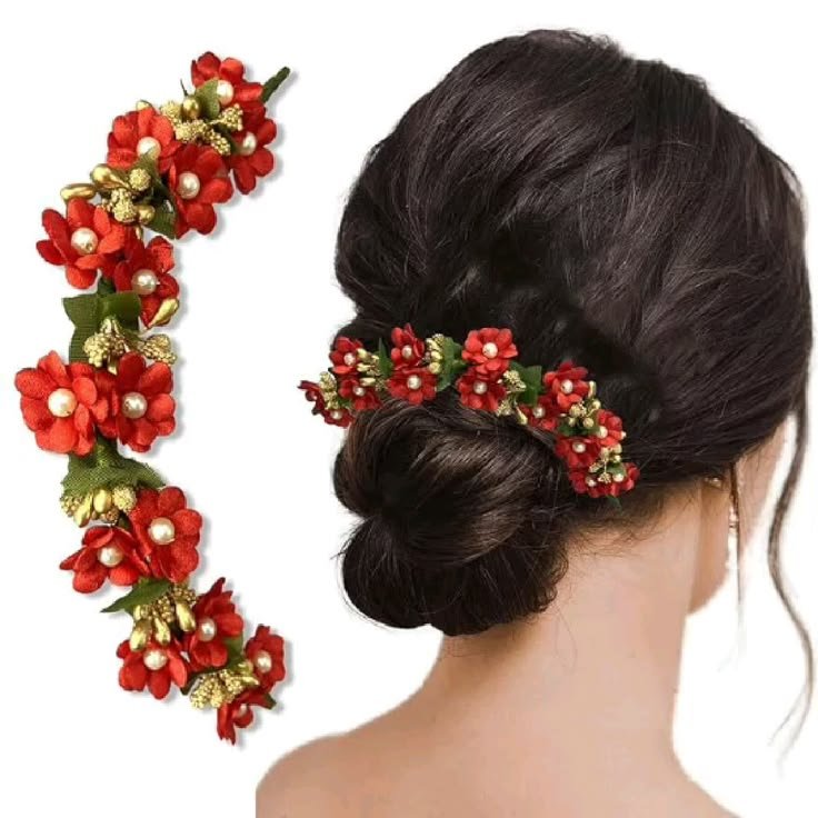 Hair Accessories  Red Rose Artificial Flowers Bun Juda